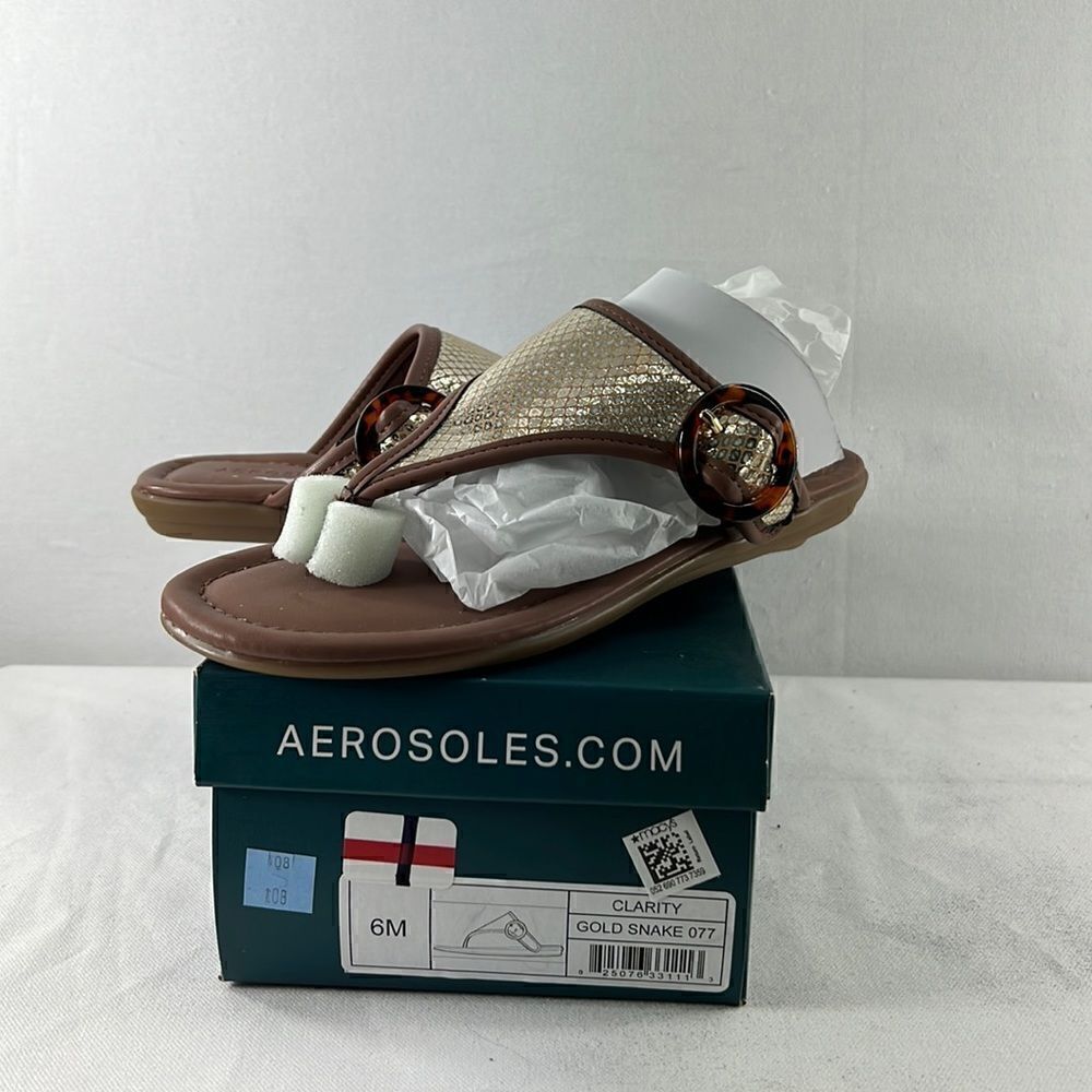 Aerosoles Clarity Thong Sandal Gold Snake size 6M
